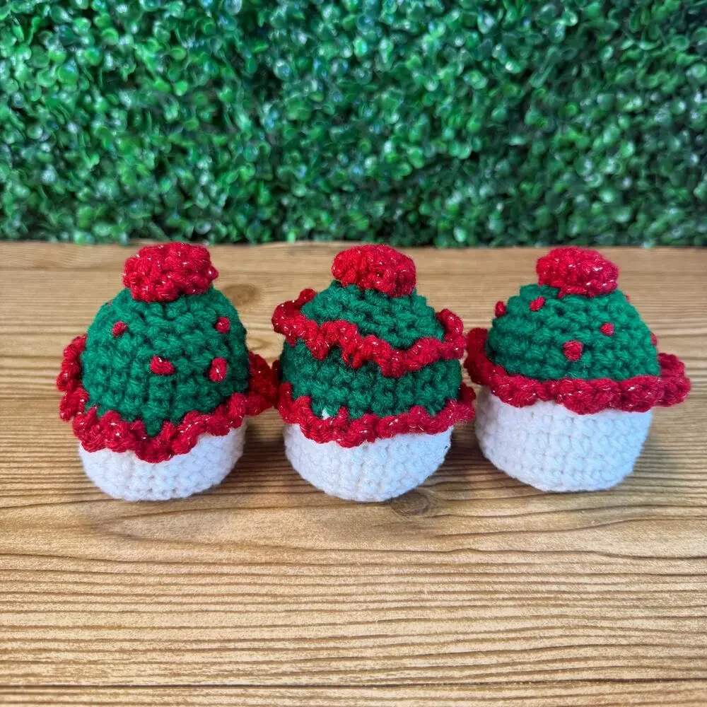 Bundle of 6 Handmade Crochet Christmas Red & Green Cupcake Holiday Decor Gift